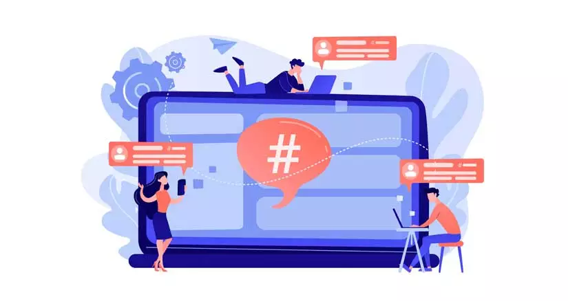 illustration in blue and pink hues, of miniature people working around a giant laptop with the hashtag symbol in the centre signifying the importance of hashtags in social media marketing