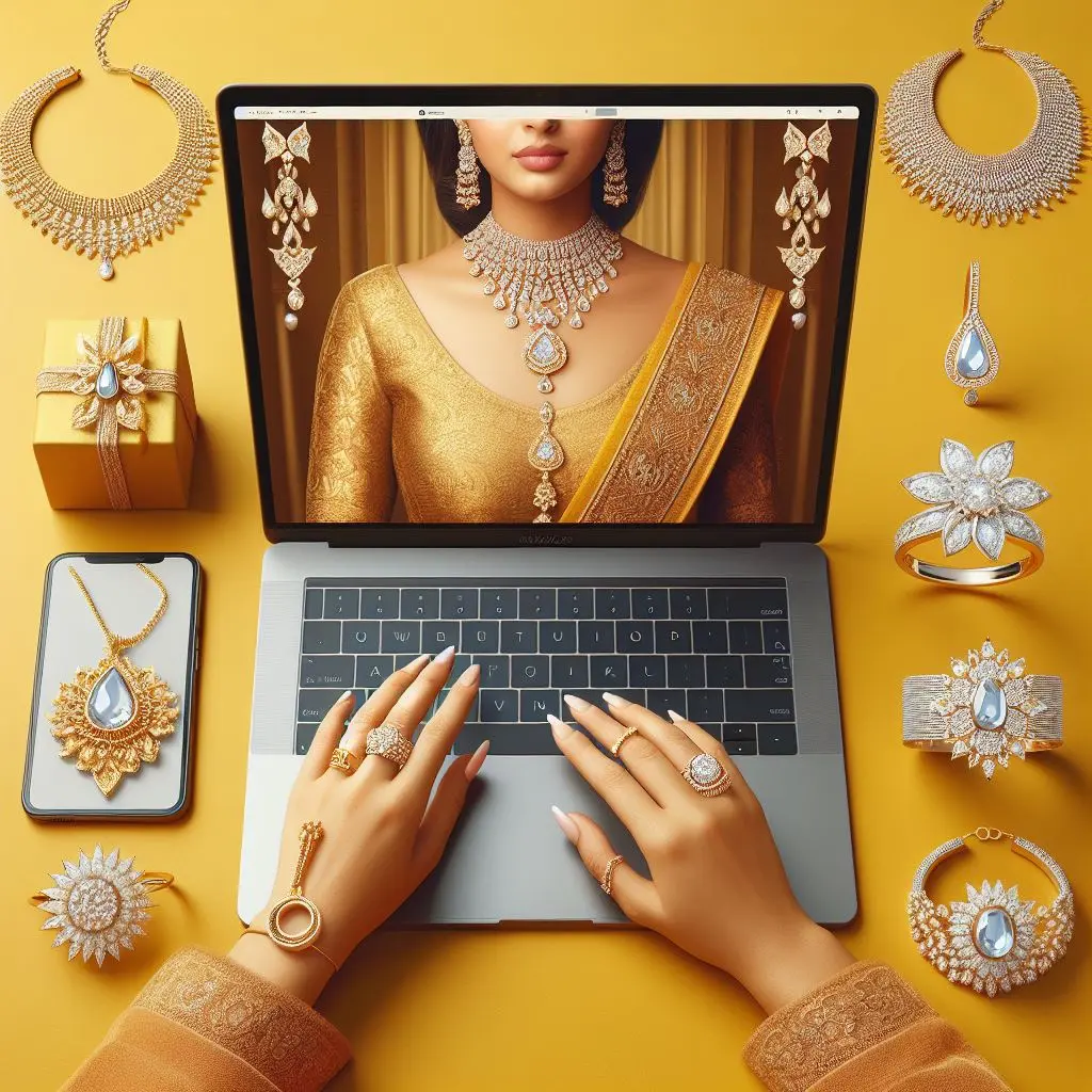 Jewellery and A jewellery website opened on a laptop with an Indian bride in bridal attire on a yellow background