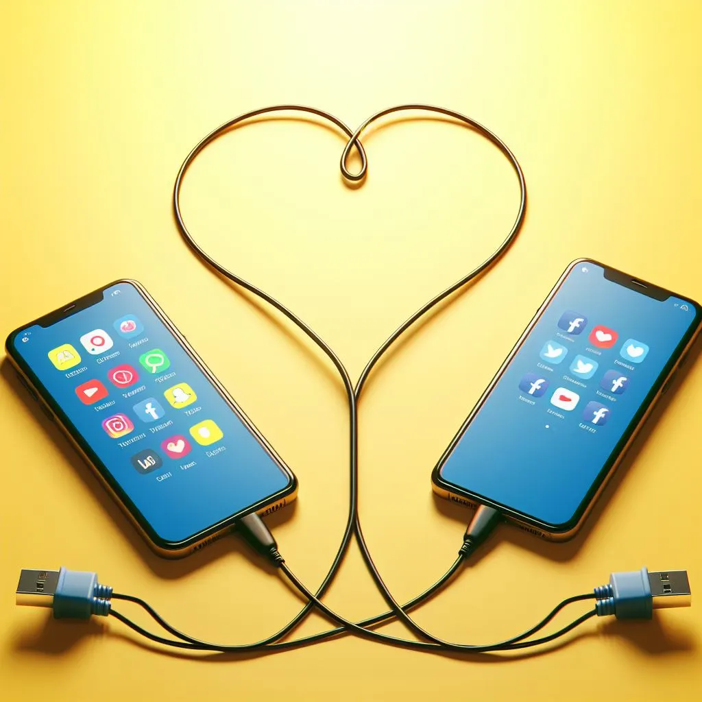 Two mobile phones connected with a wire forming a heart on a clean and minimalistic yellow background with different social media platforms open on the screens.