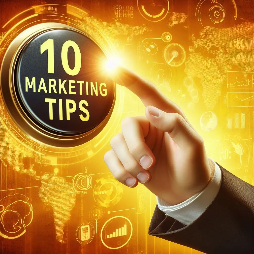 A hand in a formal suit about to press a button labelled “10 Marketing Tips” on a yellow background