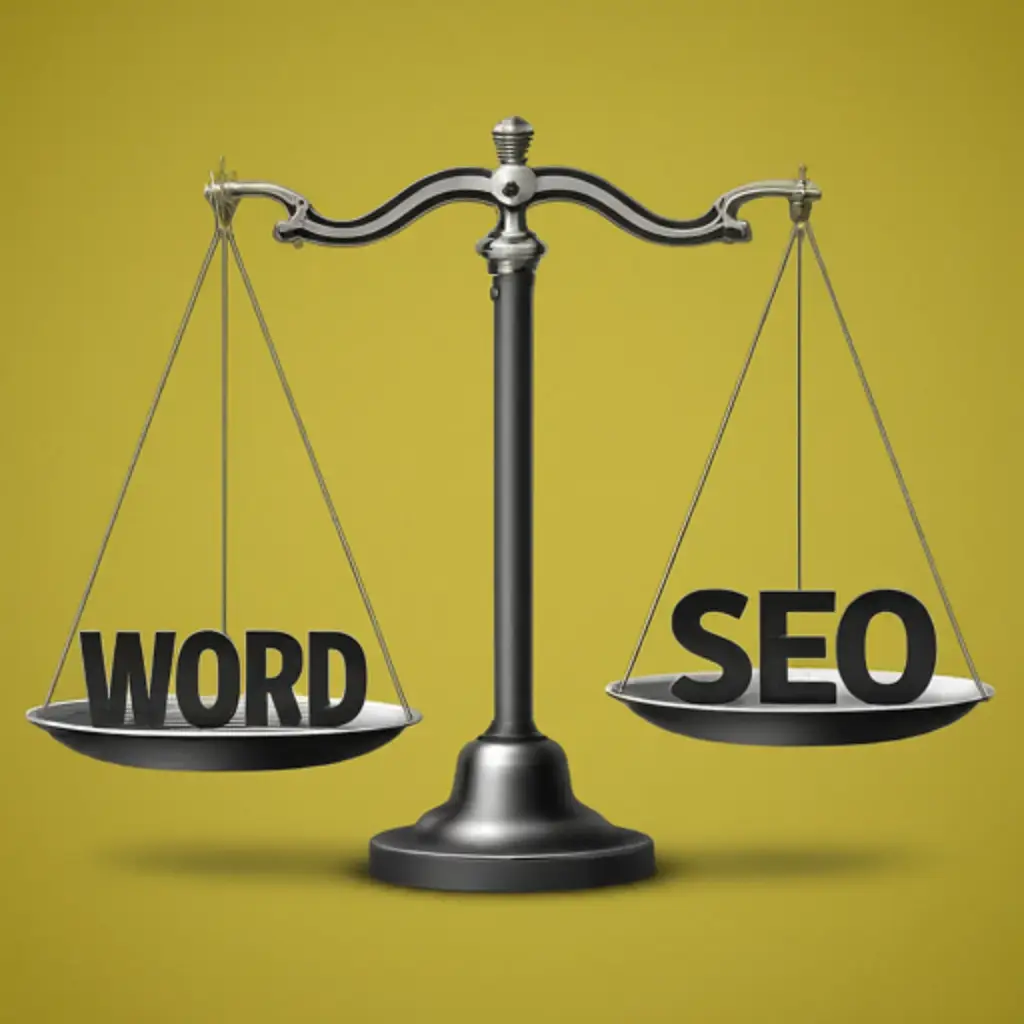 A balanced scale with "Word Count" on one side and "SEO" on the other.