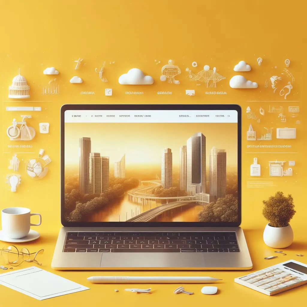 A minimalist image showcasing Bangalore’s dynamic business scene with a laptop displaying a startup’s homepage and icons representing digital marketing strategies