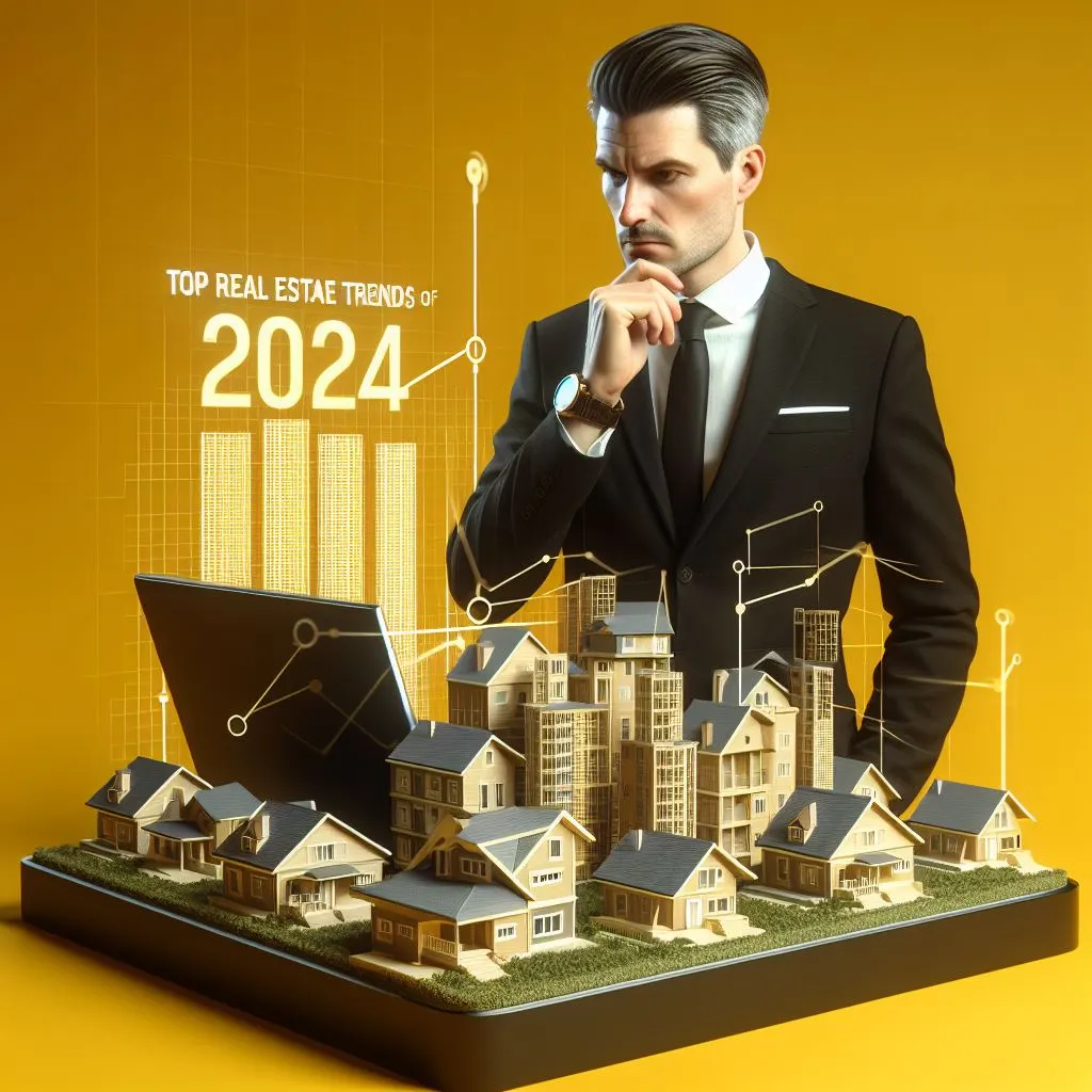 Real estate businessman in a suit attentively analyzing the top real estate trends of 2024 displayed on a big screen, with a yellow background and small houses in the backdrop.