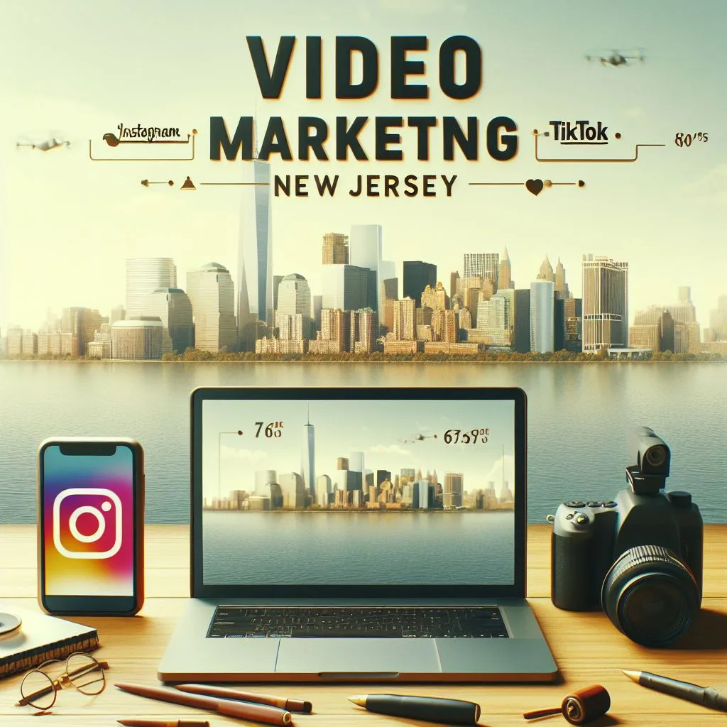 Skyline of New Jersey with icons representing video marketing on Instagram and TikTok, under a light yellow background with the text ‘Video Marketing New Jersey’ in the center