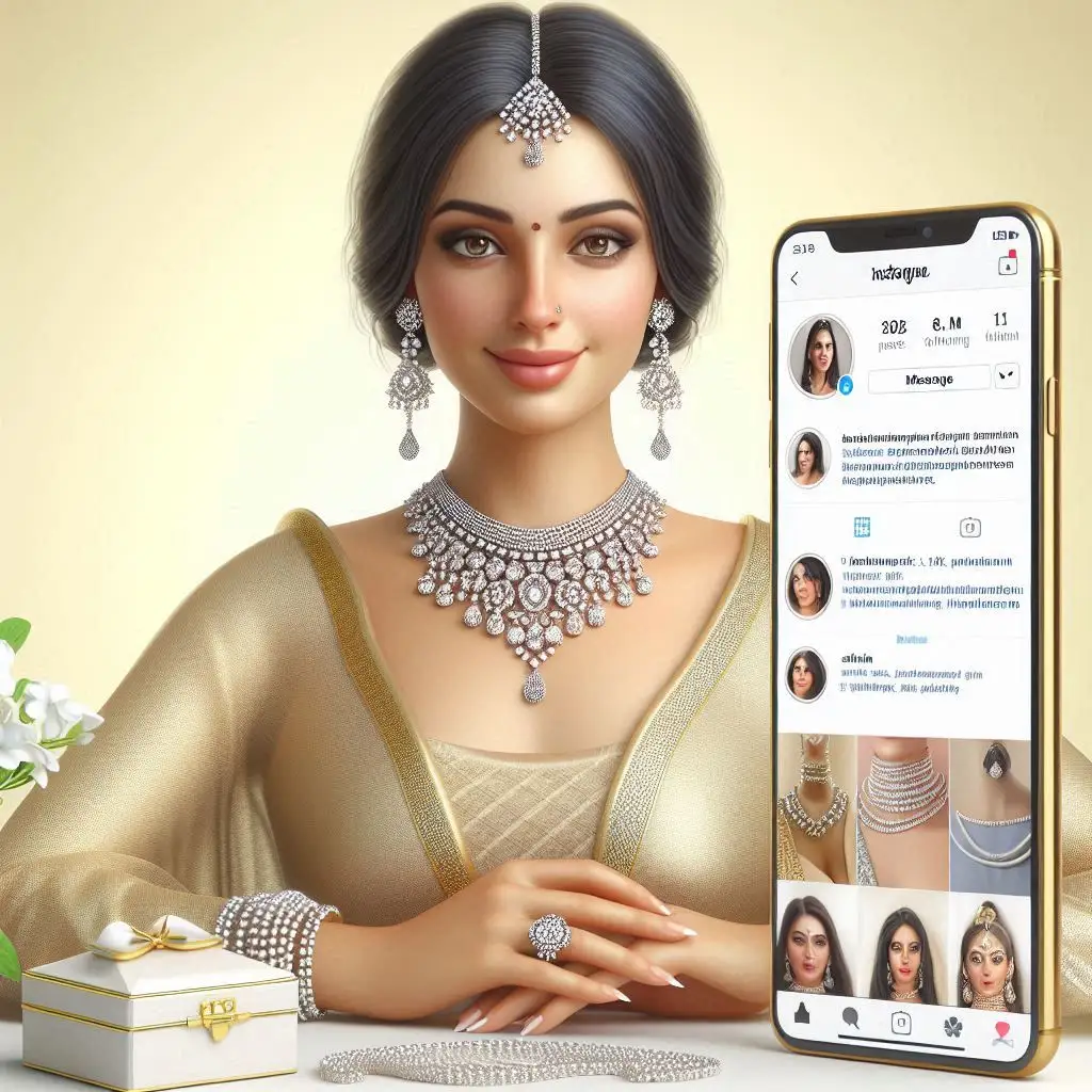 Indian woman adorned in diamond jewellery, jewellery box and Instagram page.