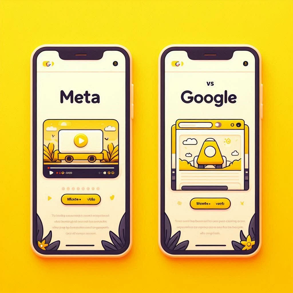 Two mobile screens side by side showing the comparison between Meta ads and Google Ads