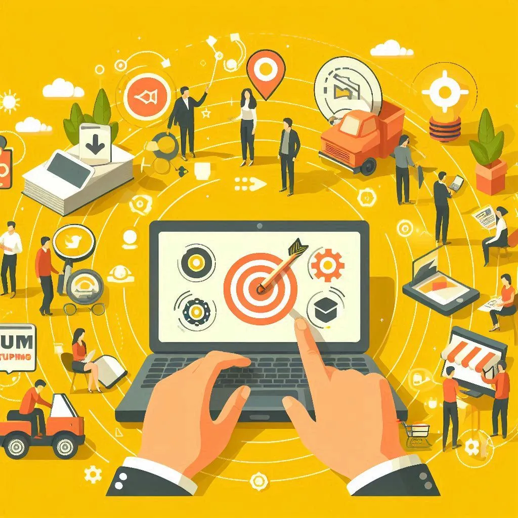Closeup image of a person using a laptop with icons of digital marketing.