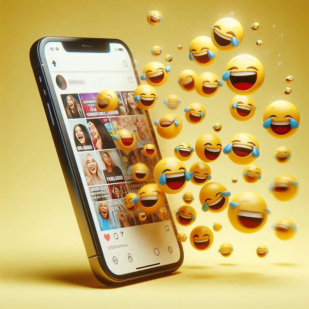 A smartphone screen displaying various memes, with multiple laughing emojis bursting out of the screen