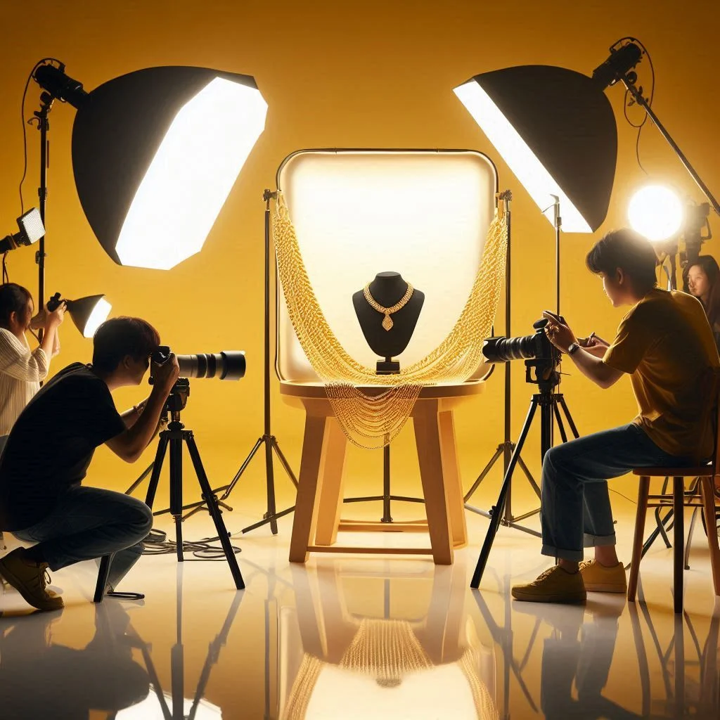 Image of a woman wearing gold jewellery. The image depicts “Jewellery Marketing”