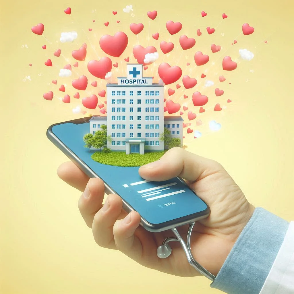A mobile screen with a hospital on it and hearts flying out of the screen