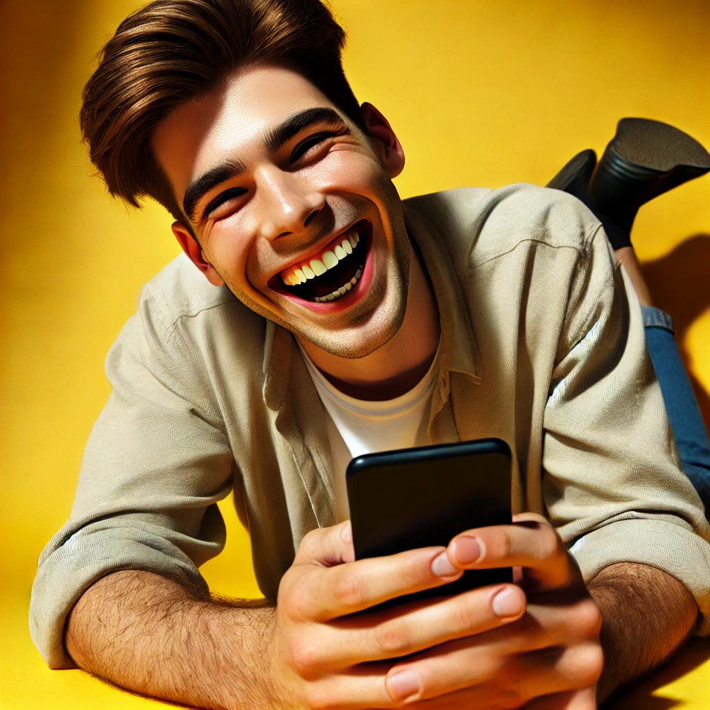 Image of guy laughing by looking at a meme on his phone