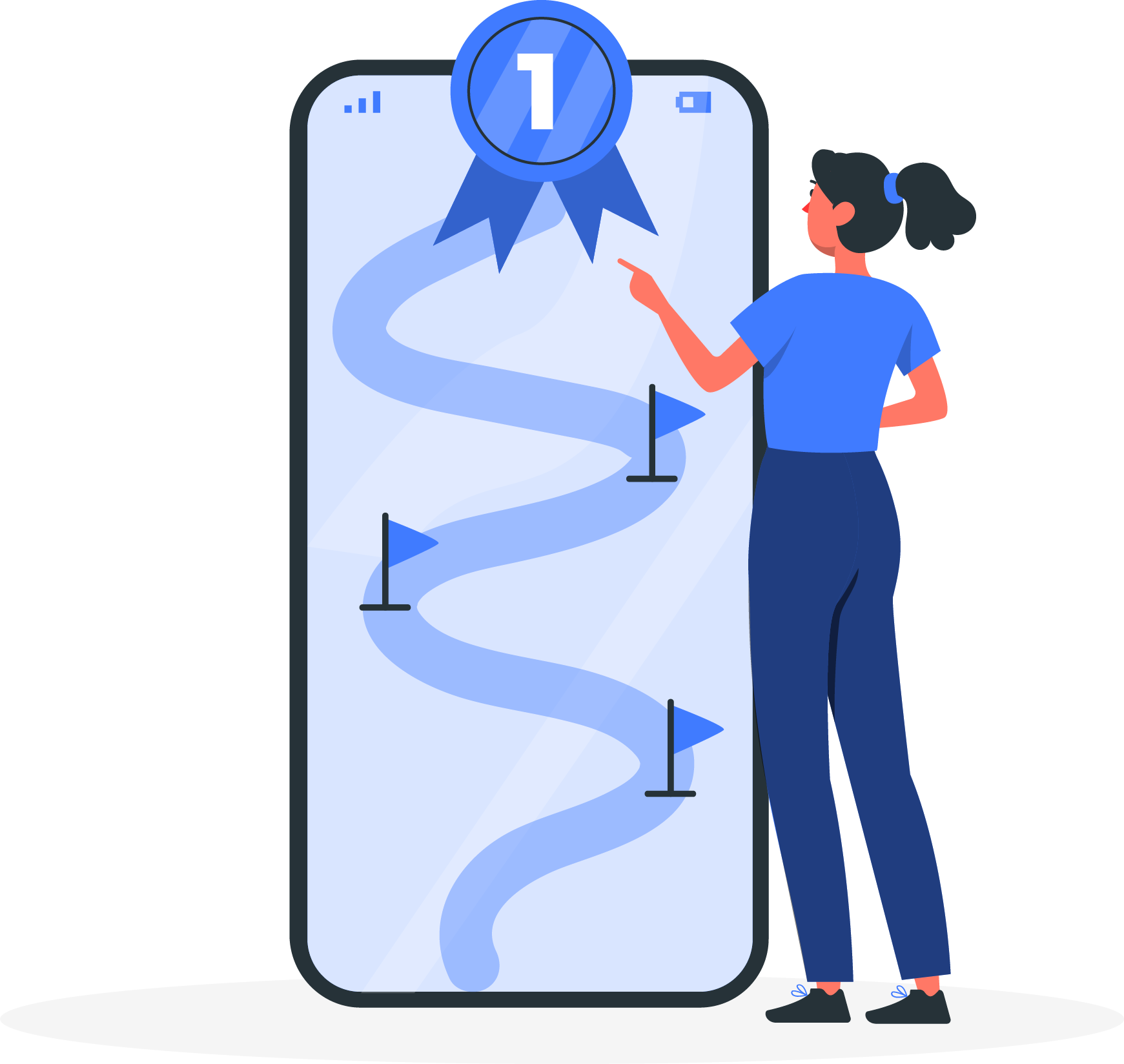 A vector image showing a roadmap on a mobile screen to achieve the number 1 rank.