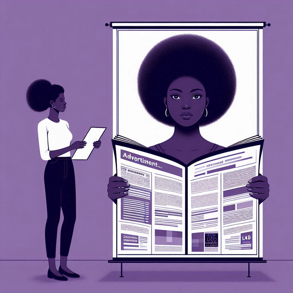 a woman is reading an advertisement in the newspaper.