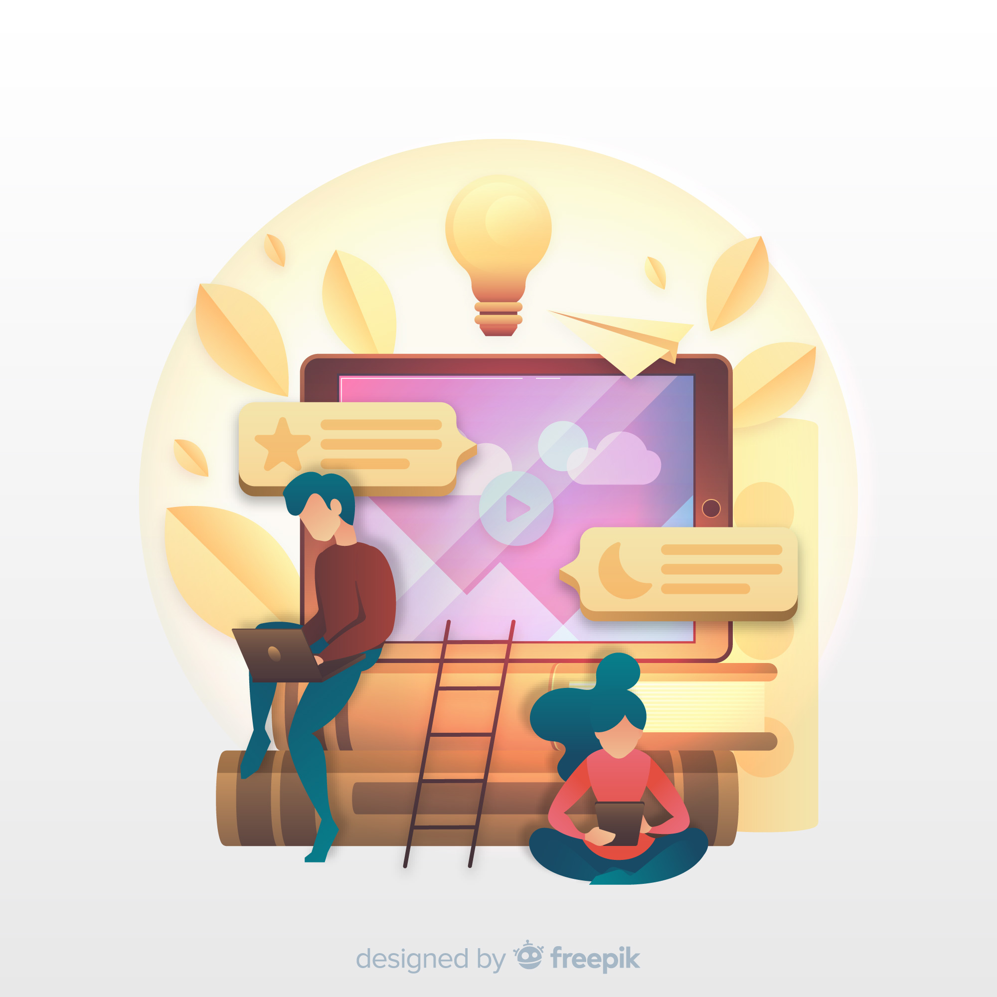 Illustration of a person using digital tools for online learning with heritage-themed elements in the background