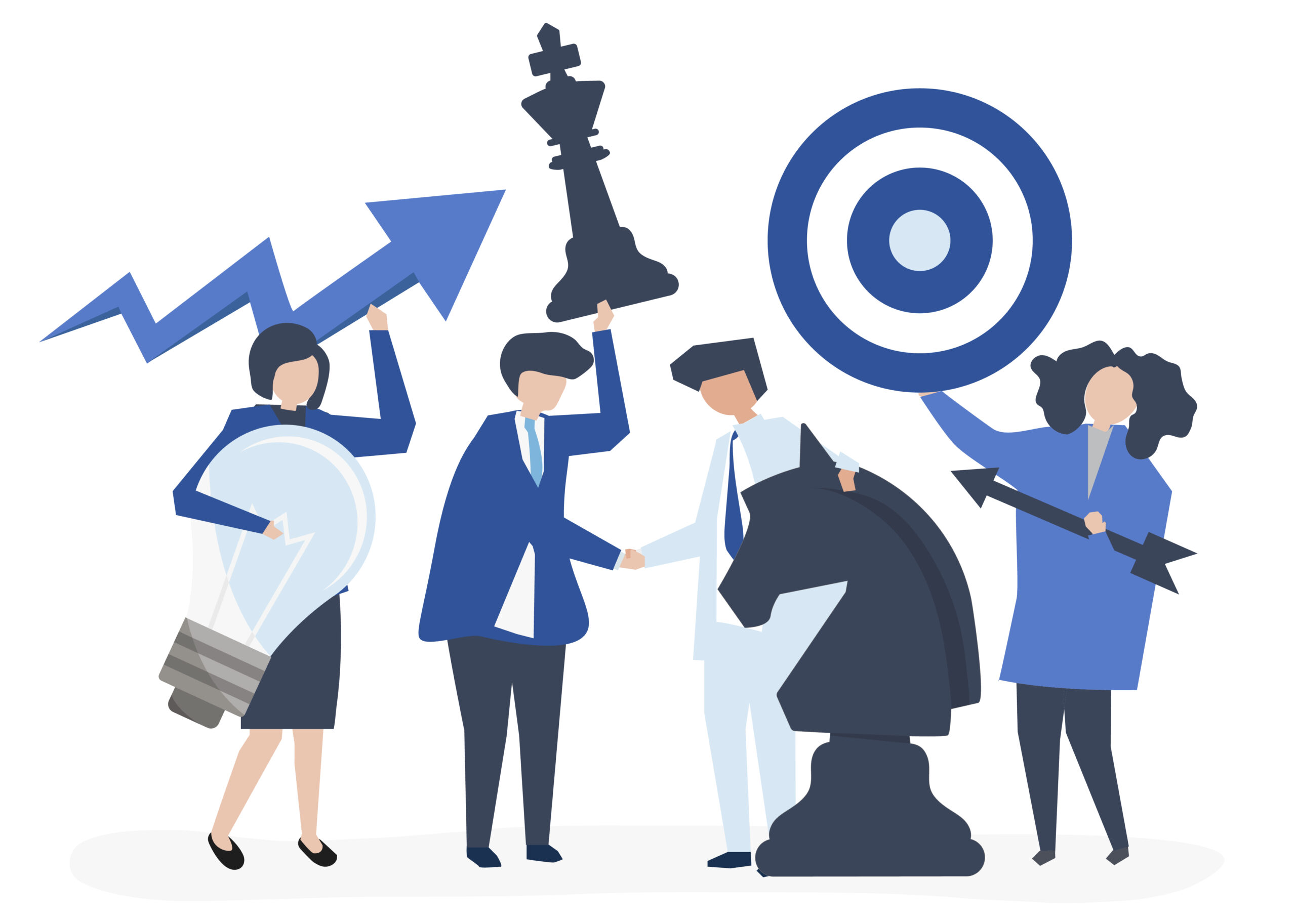 business people standing with strategy icons like a target, chess piece and arrow]