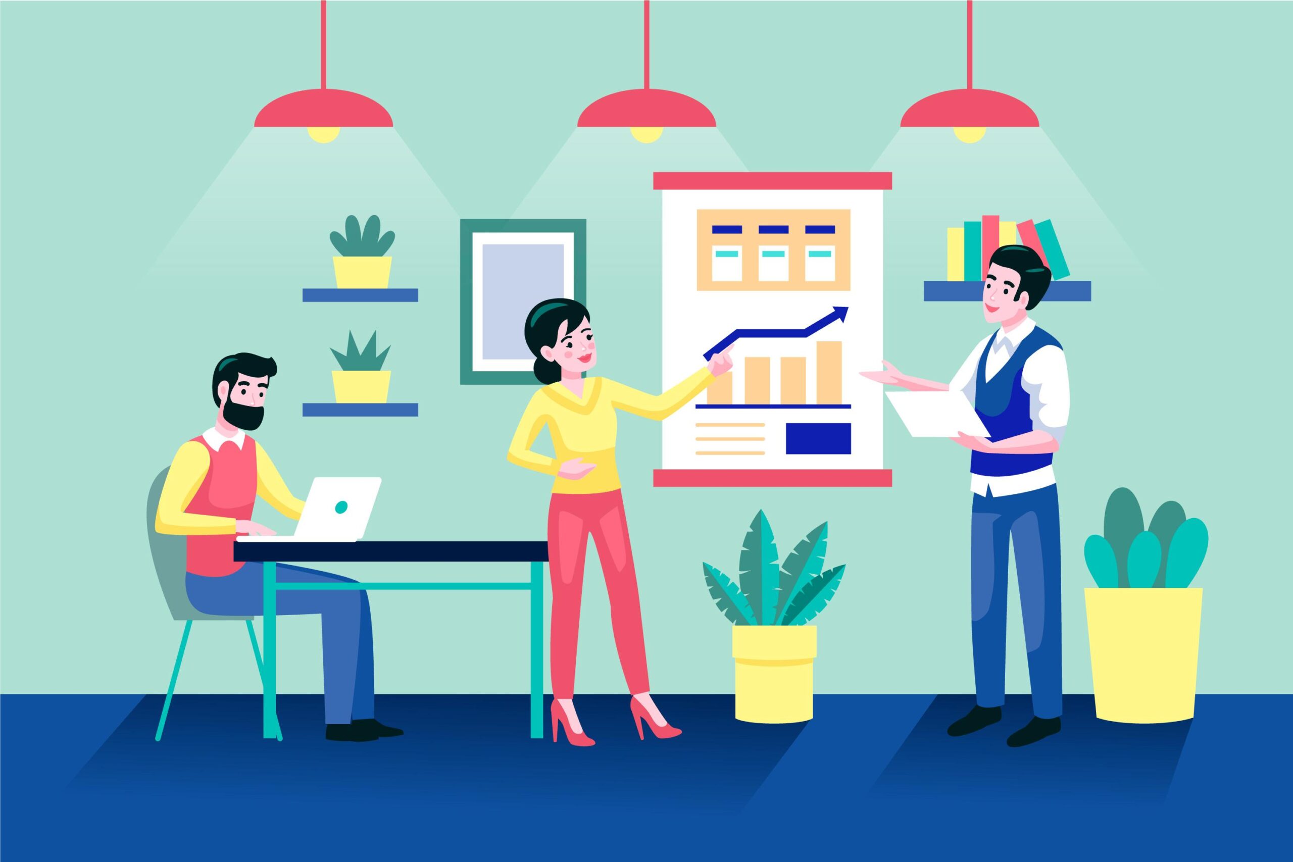 an illustration of coworking space, along with three people discussing something