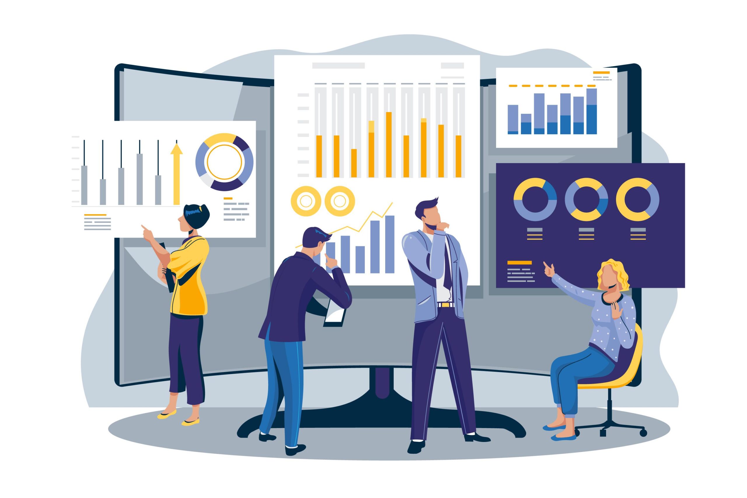 Illustration of team members analyzing business growth charts and smart strategy metrics