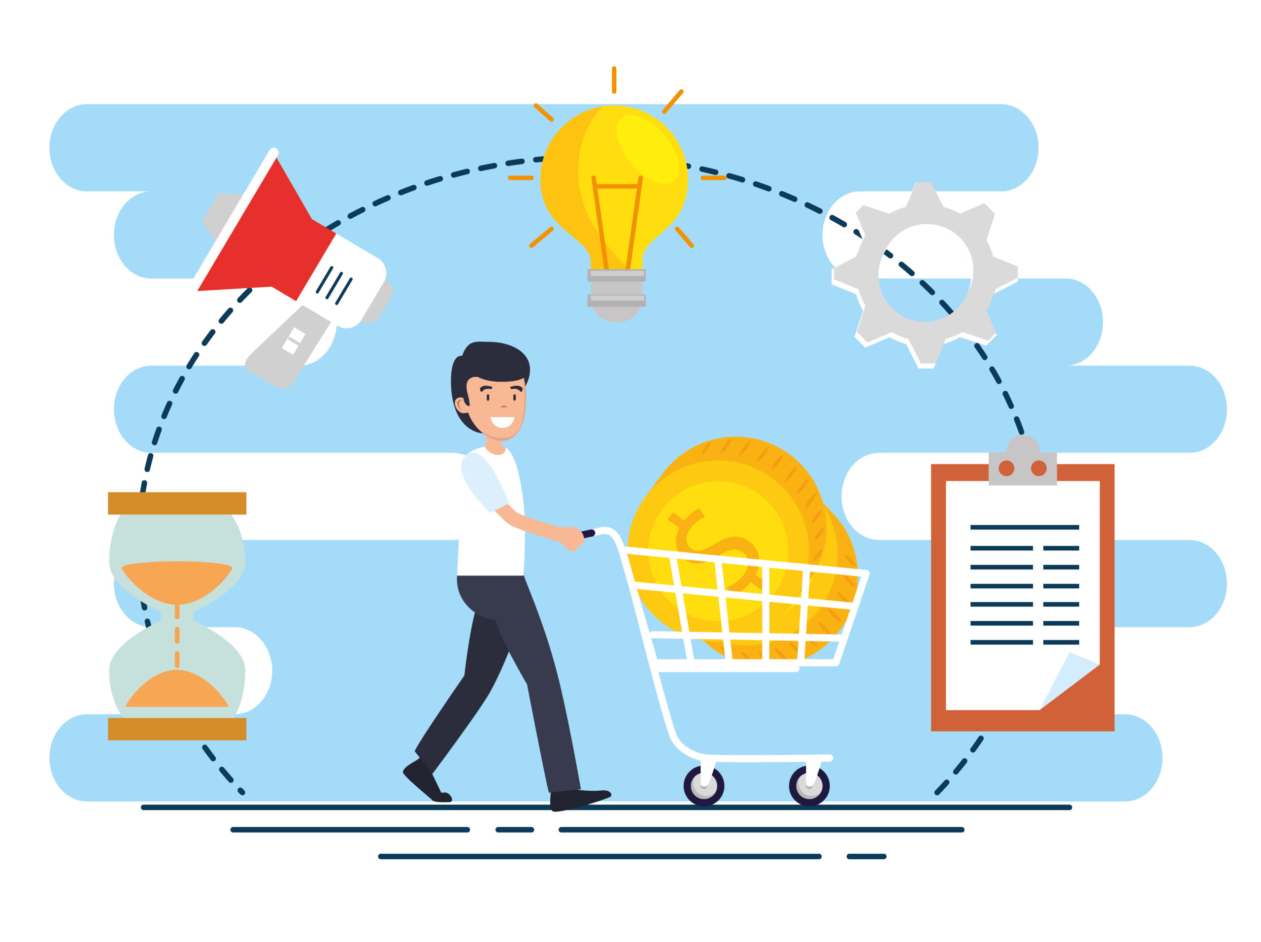 Illustration of a man with a shopping cart and business icons showing