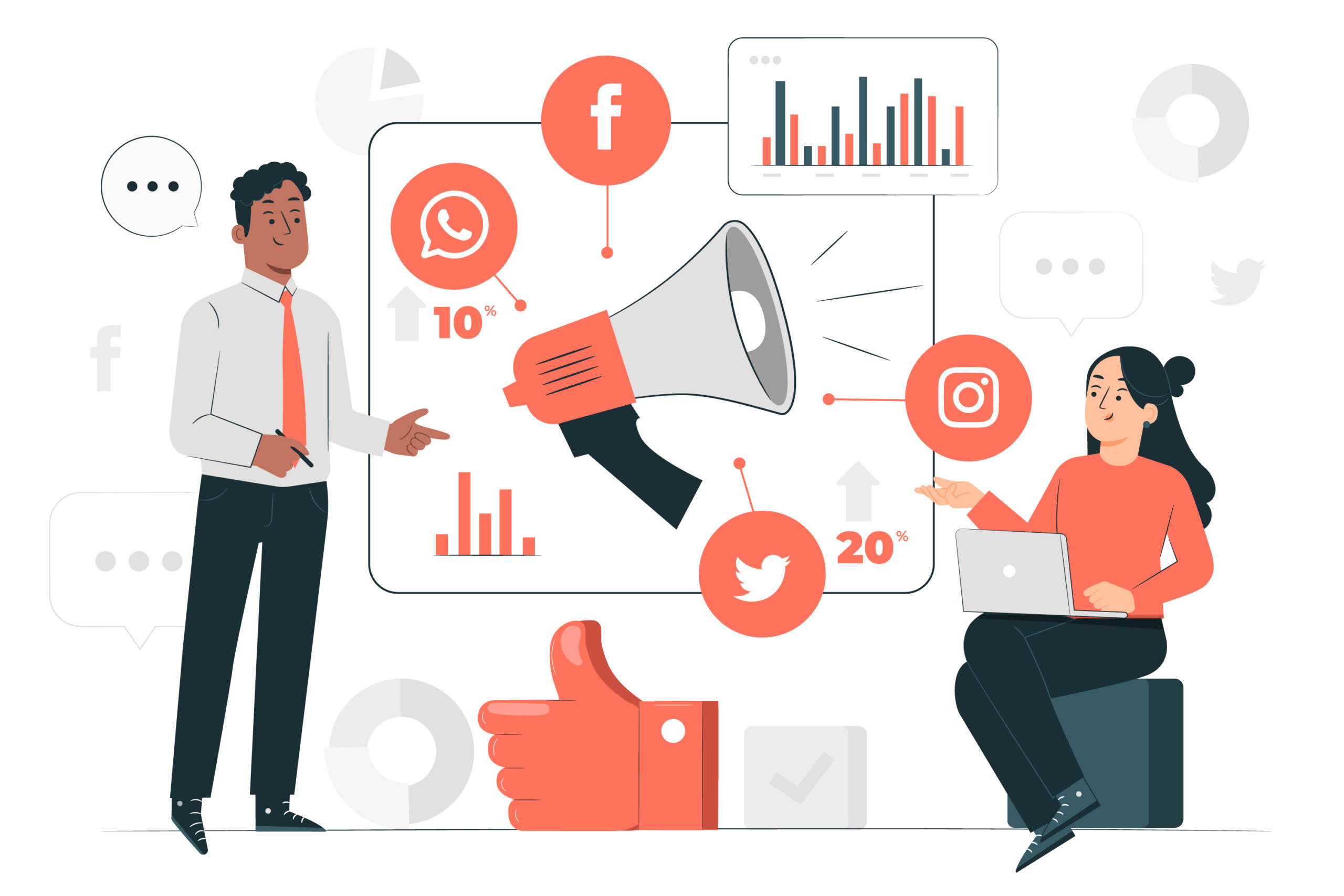 Illustration of a digital marketing consulting team analyzing data and strategy on screens