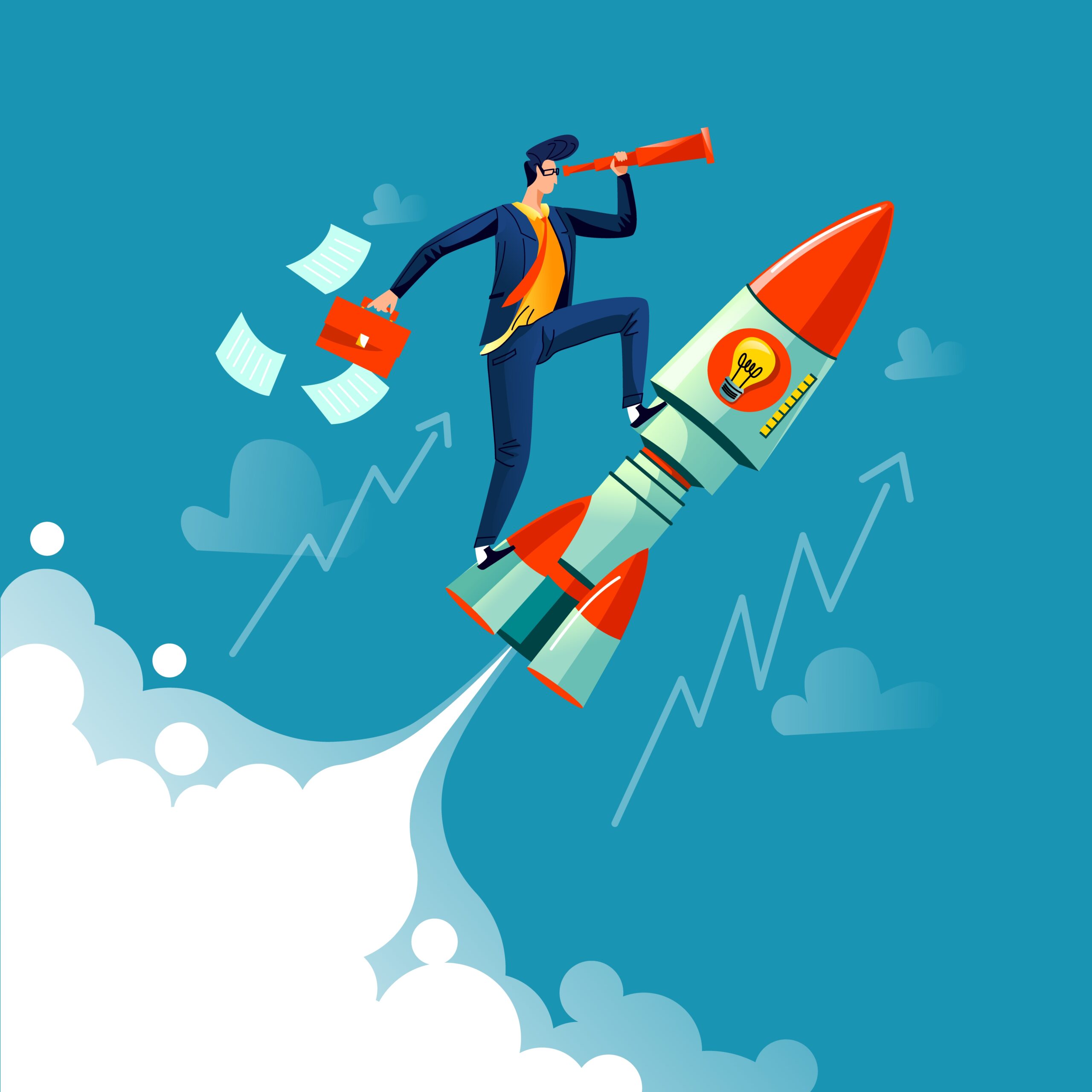 Businessman launching on a rocket symbolising fast, ambitious business growth and success