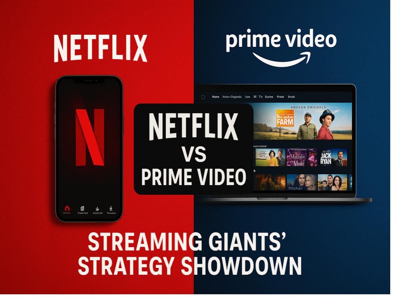 Netflix and Prime Video face-off graphic showing their apps side by side with the title “Streaming Giants’ Strategy Showdown.
