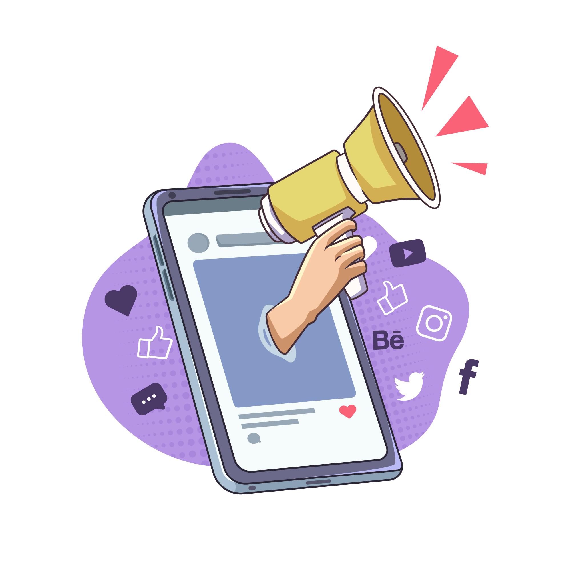 Isometric illustration of mobile marketing with icons and devices representing digital promotion strategie