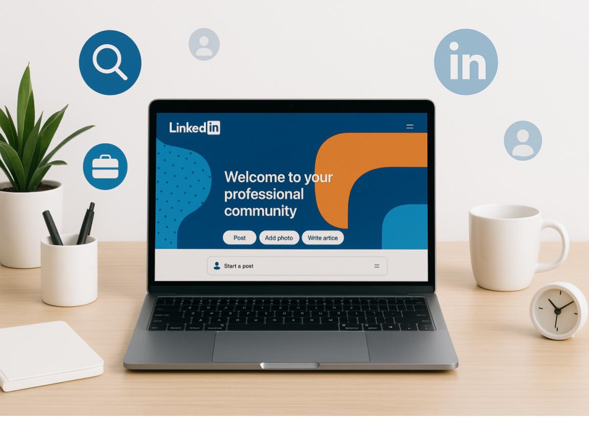 Illustration of a modern desk with laptop showing LinkedIn, floating brand icons, and a clean white background.