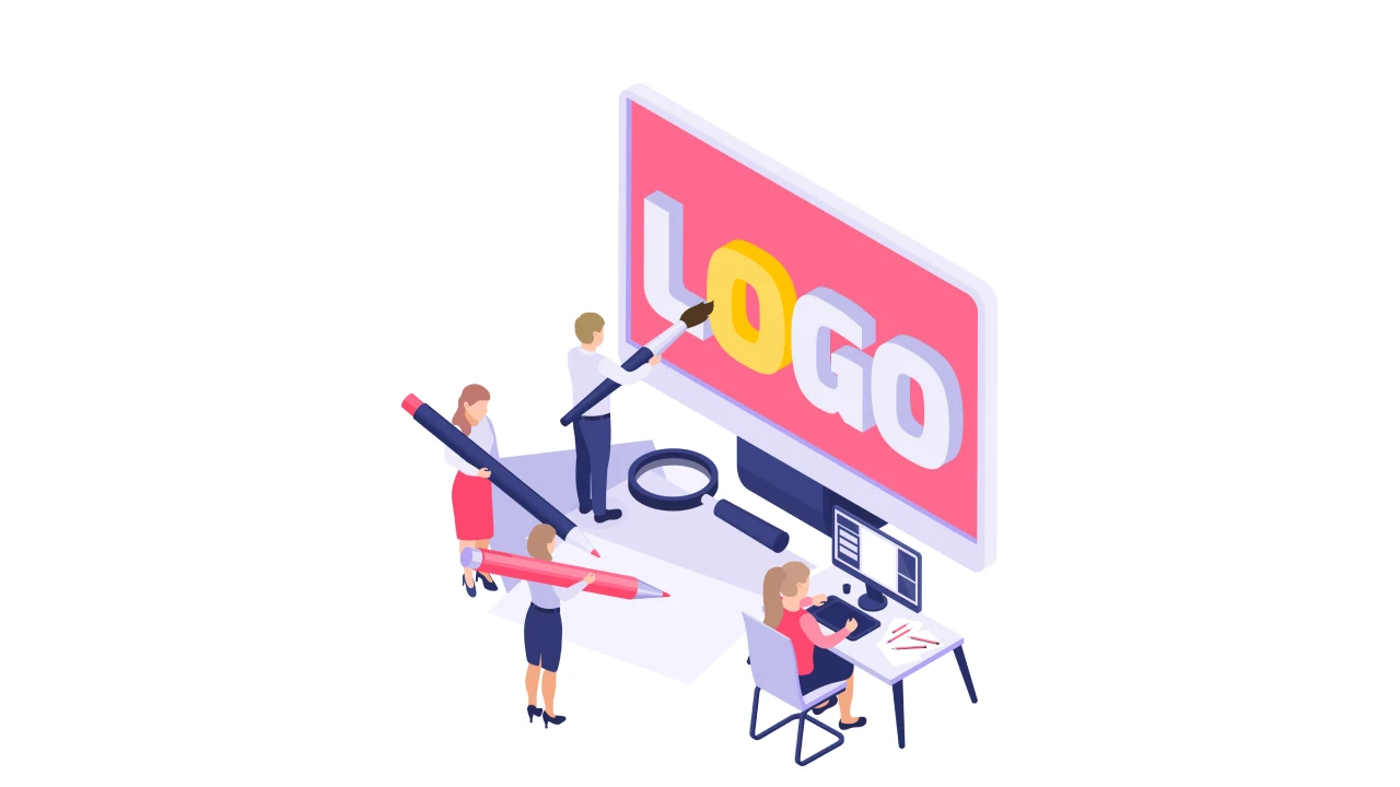 illustration of people painting and designing a logo as part of a creative branding process