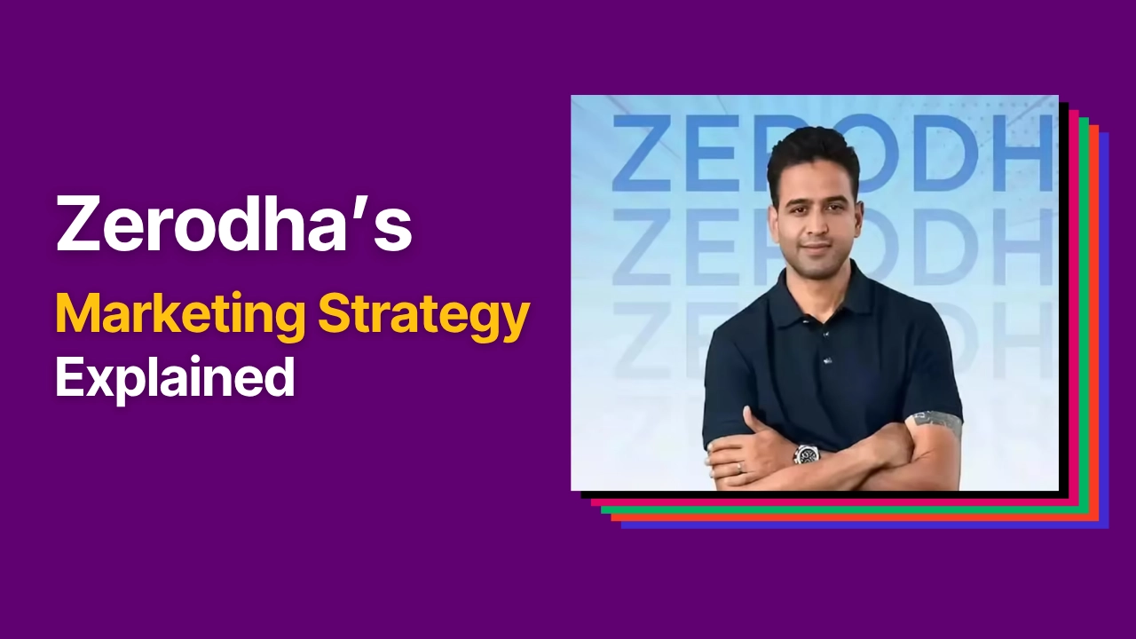 A solid purple background with Nithin Kamath’s image and a text overlay “Zerodha’s Marketing Strategy Explained”